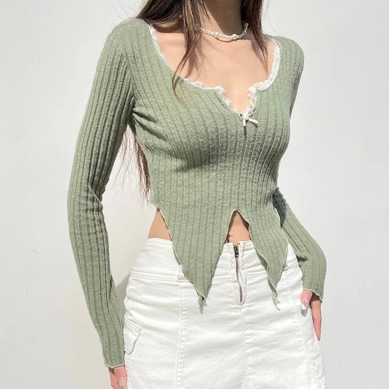 Green Lace Split Patchwork Long Sleeve T-shirt