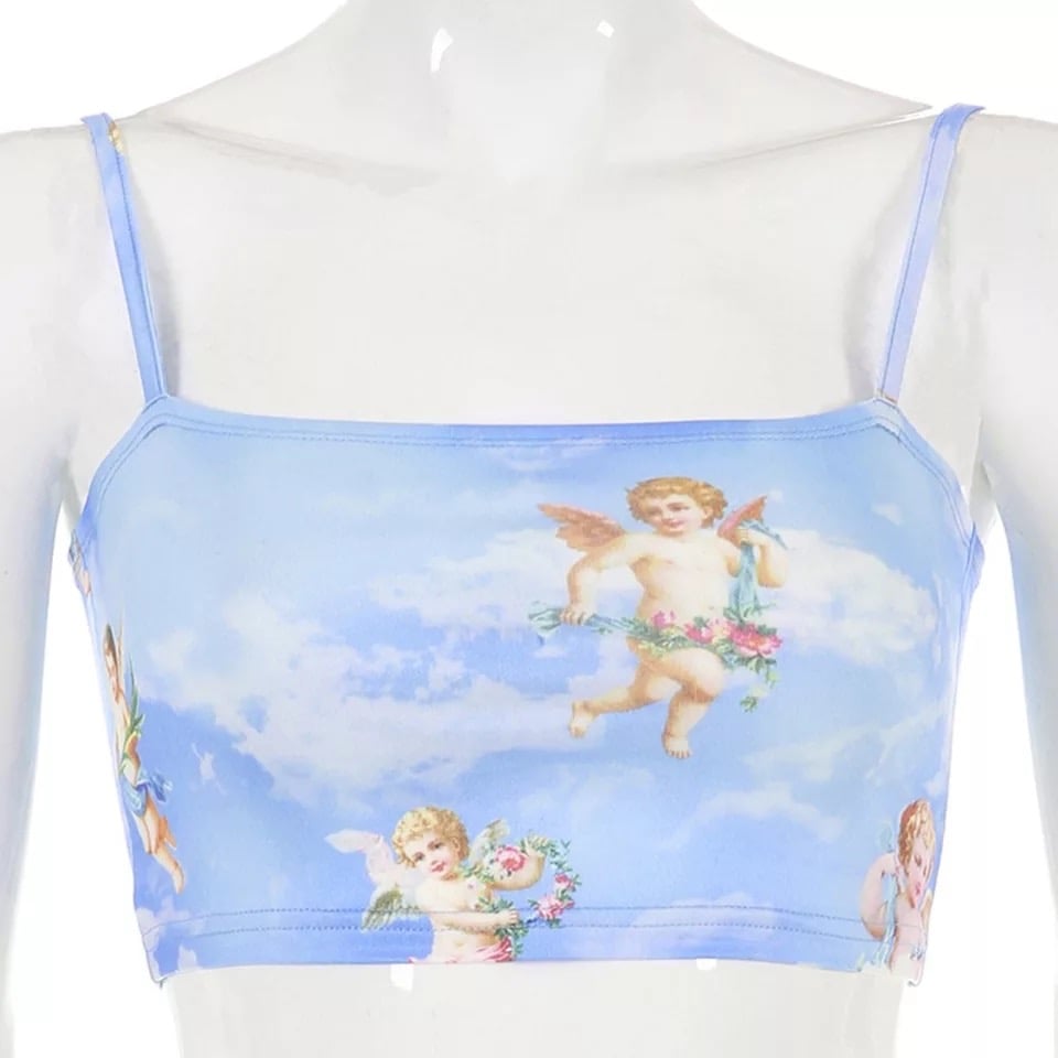 Cute Cupid Angel Love Print Crop Top Camisole Spaghetti Strap Tank Shirt Tee T-shirt E-Girl Kawaii Korean Japanese Harajuku Retro Streetwear Aesthetic