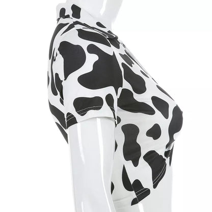 Cute Cow Print V Neck Short Sleeve Shirt Crop Top Summer Aesthetic Casual E-Girl Kawaii Korean Japanese Harajuku