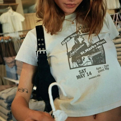 Cute 90s Vintage Guitar Retro White Short Sleeve T- Shirt Top Aesthetic Casual Summer E-Girl Kawaii Korean Japanese Harajuku