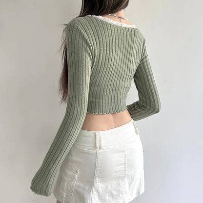 Green Lace Split Patchwork Long Sleeve T-shirt