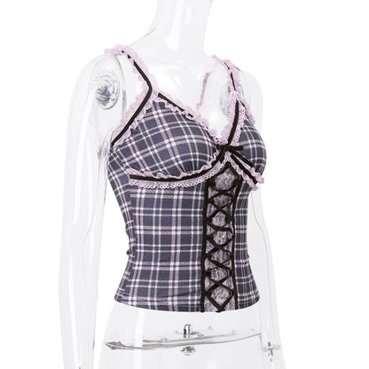 Pink Plaid Lace Patchwork Camisole