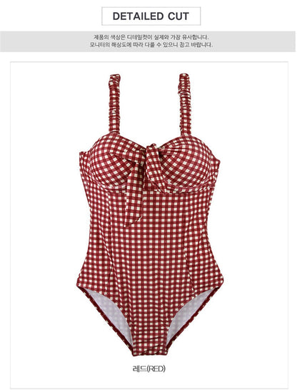 Sexy Red Plaid Push Up One Piece Swimsuit Aesthetic Casual E-Girl Kawaii Korean Japanese Harajuku