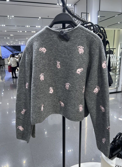 Grey Rabbit Embroidery Knit Cardigan