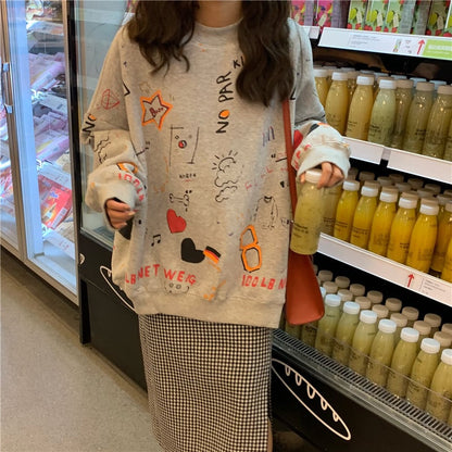 Cute Pastel Print Oversized Sweater Hoodie Pullover Korean Japanese Harajuku Chinese Retro Streetwear Aesthetic Fashion