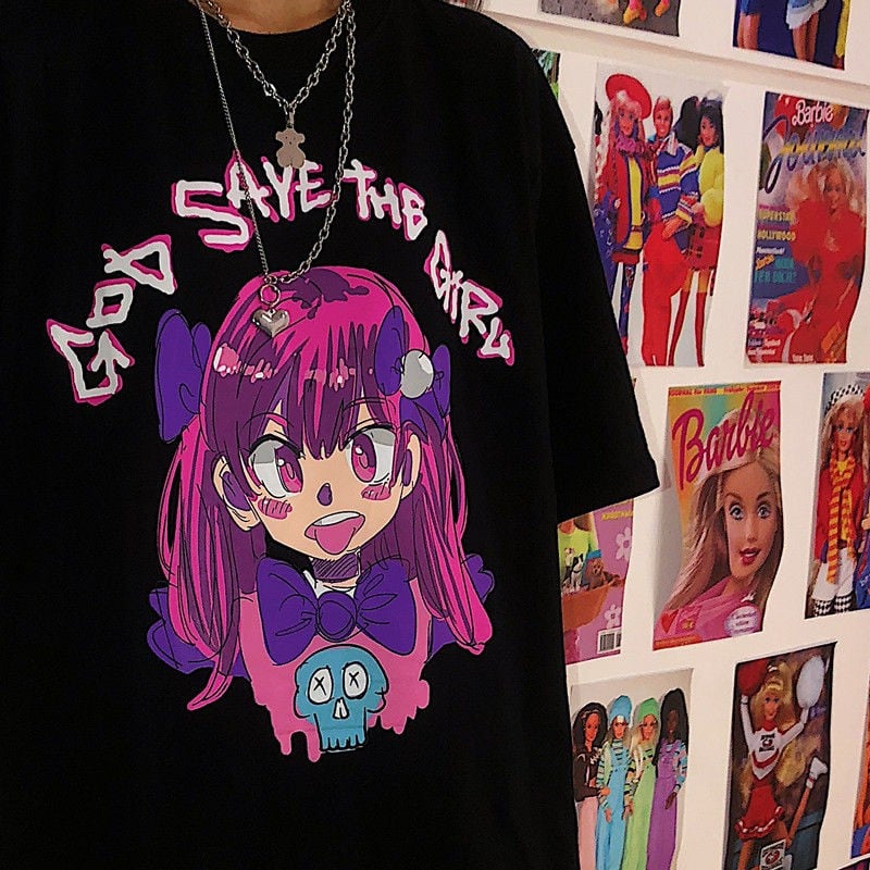Cute Girl Graffiti Graphic Art Print Punk Baggy Hip Hop Oversized Long Sleeve Tee Shirt T-shirt Top E-Girl Kawaii Korean Japanese Harajuku Streetwear