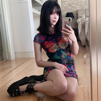 Cute Sexy Tie Dye Butterfly Print Mesh Transparent Short Sleeve Mini Dress Summer Aesthetic Casual E-Girl Kawaii Korean Japanese Harajuku