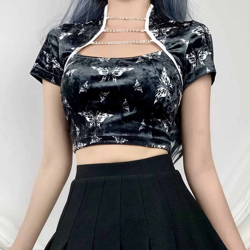 Cute Chinese Style Butterfly Crop Top Short Sleeve Shirt Blouse Summer Aesthetic Casual E-Girl Kawaii Korean Japanese Harajuku