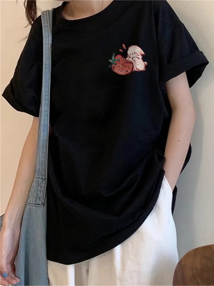 Oversized Strawberry Print Short Sleeve T-shirt