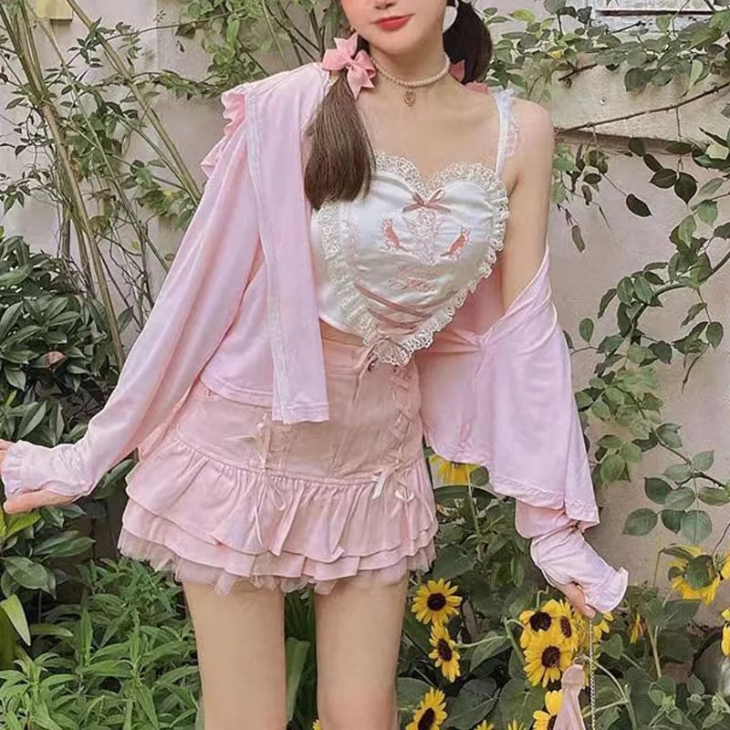 Cute Pink Lace Heart Frill Bustier Tank Crop Top Corset Summer Aesthetic Casual E-Girl Kawaii Korean Japanese Harajuku