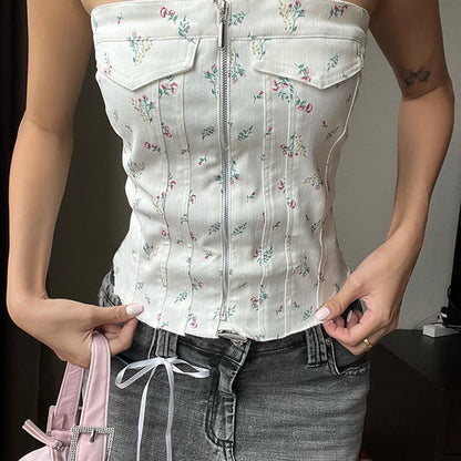 White Floral Zipper Tube Top