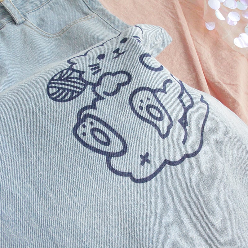 Cat Animal Cartoon Print Loose High Waisted Straight Demin Jeans Trousers Female Pants E-Girl Kawaii Korean Japanese Harajuku Streetwear