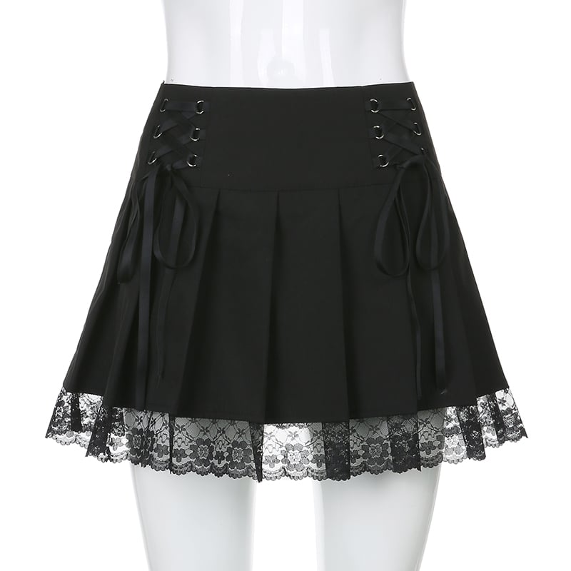 Black Bow Lace Up Pleated Mini Skirt