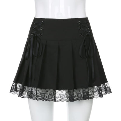 Black Bow Lace Up Pleated Mini Skirt