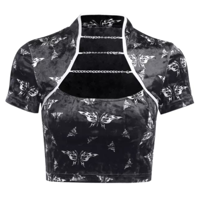 Cute Chinese Style Butterfly Crop Top Short Sleeve Shirt Blouse Summer Aesthetic Casual E-Girl Kawaii Korean Japanese Harajuku