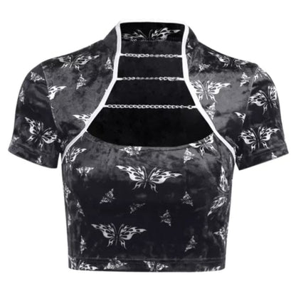 Cute Chinese Style Butterfly Crop Top Short Sleeve Shirt Blouse Summer Aesthetic Casual E-Girl Kawaii Korean Japanese Harajuku