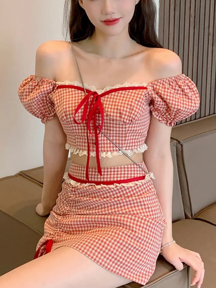 2PCS Red Plaid Crop Top + Mini Skirt