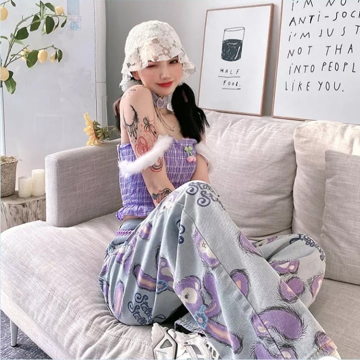 Cute Bunny Rabbit Cartoon Print High Waisted Denim Long Wide Leg Jeans Pants Trouser Aesthetic Casual Summer E-Girl Kawaii Korean Japanese Harajuku