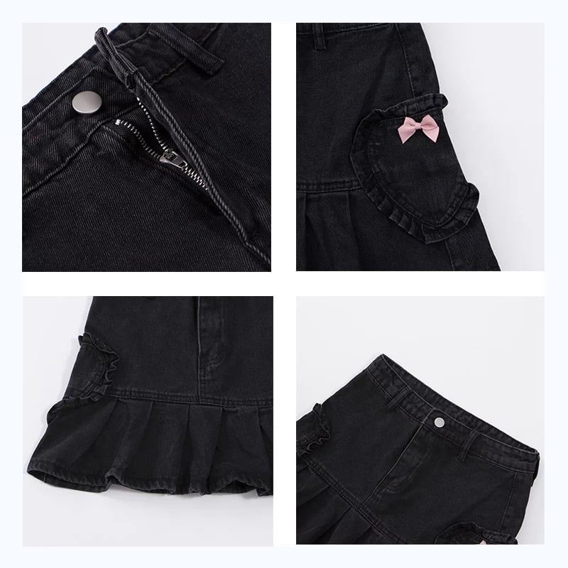 Cute Black Heart Bow Pocket Denim Mini Skirt High Waisted Pleated Aesthetic Goth Casual Summer E-Girl Kawaii Korean Japanese Harajuku