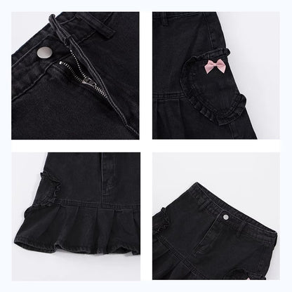 Cute Black Heart Bow Pocket Denim Mini Skirt High Waisted Pleated Aesthetic Goth Casual Summer E-Girl Kawaii Korean Japanese Harajuku