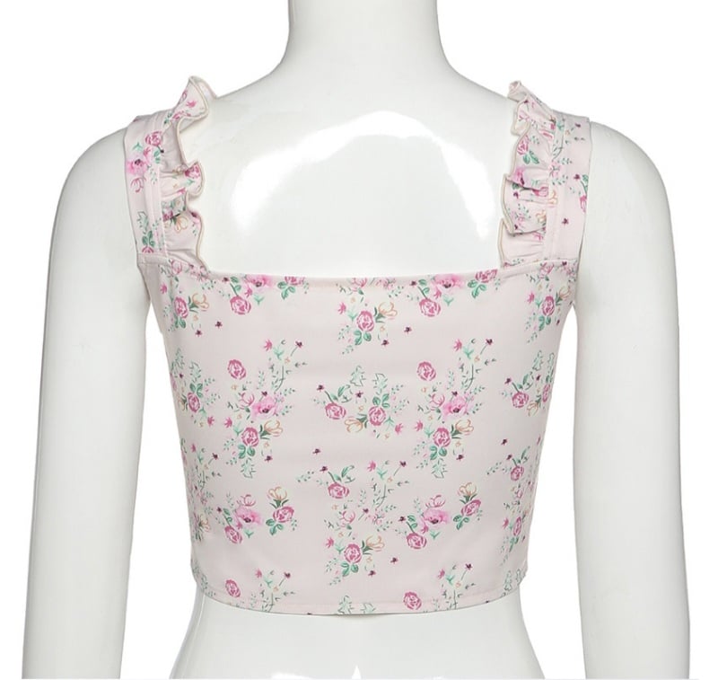 Floral Print Ruffle Button Up Bustier Crop Top