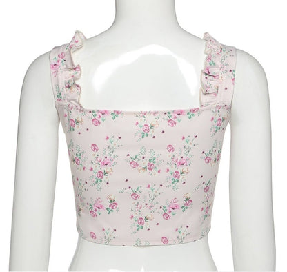 Floral Print Ruffle Button Up Bustier Crop Top