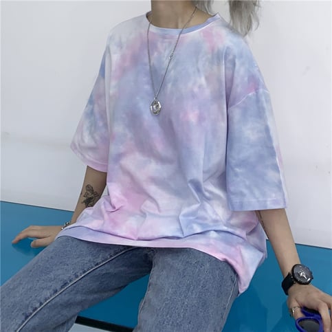 Cute Tie Dyed Hip Hop Casual Punk Goth Loose Oversized Short Sleeve Shirt Tee T-shirt E-Girl Kawaii Korean Japanese Harajuku Chinese Retro Streetwear