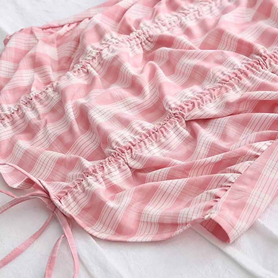 Cute Pink Gingham Plaid Off Shoulder Long Sleeve Drawstring Bodycon Dress Aesthetic Casual Summer E-Girl Kawaii Korean Japanese Harajuku