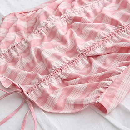 Cute Pink Gingham Plaid Off Shoulder Long Sleeve Drawstring Bodycon Dress Aesthetic Casual Summer E-Girl Kawaii Korean Japanese Harajuku
