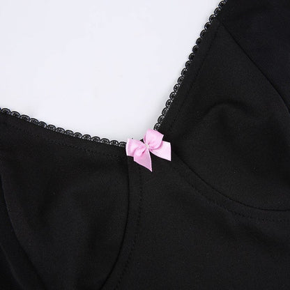 Sexy Pink Ribbon Bow Mesh Panel V Neck Crop Top Camisole Sleeveless Shirt Summer Goth Aesthetic E-Girl Kawaii Korean Japanese Harajuku Streetwear