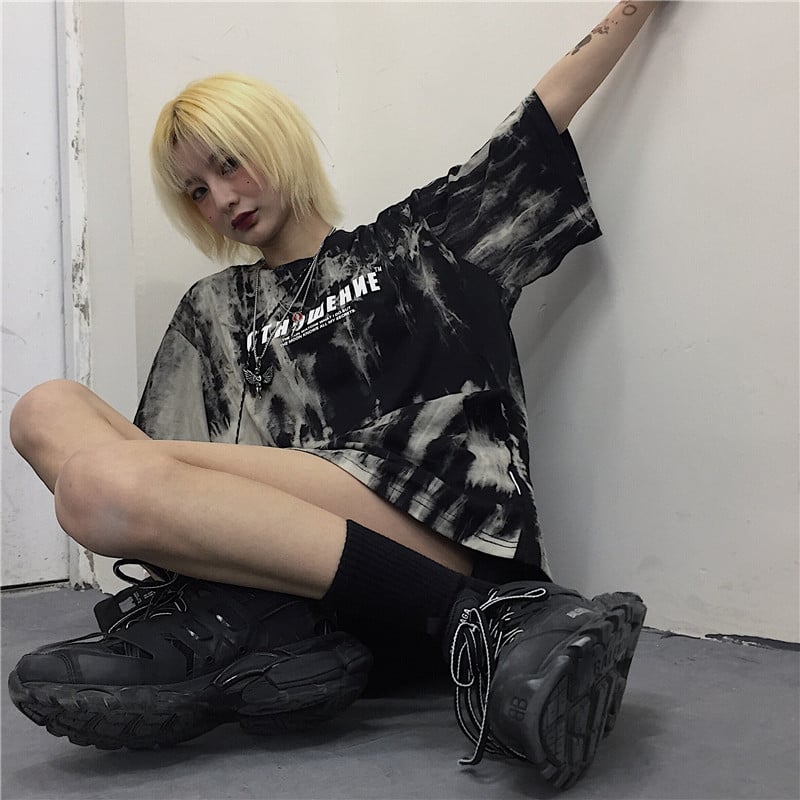 Cute Smoke Ash Print Loose Oversized Crop Top Short Sleeve Shirt Tee T-shirt E-Girl Kawaii Korean Japanese Harajuku Chinese Retro Streetwear Punk Goth
