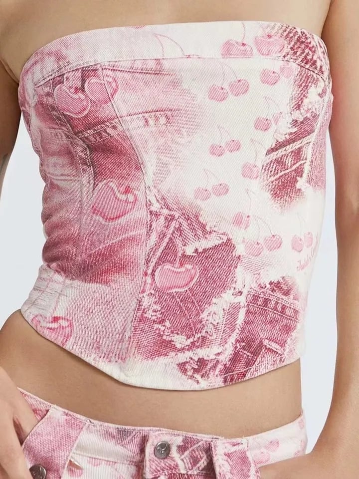 Pink Cherry Denim Tube Top