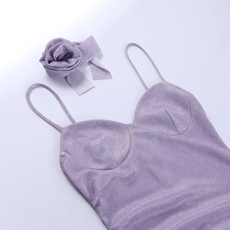 Purple Glitter Flower Frill Split Midi Dress