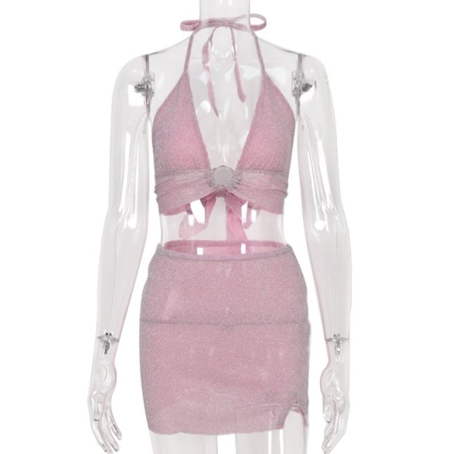 Cute Sexy Glitter Camisole + High Waist Mini Skirt Suit Backless Summer Aesthetic Casual E-Girl Kawaii Korean Japanese Harajuku