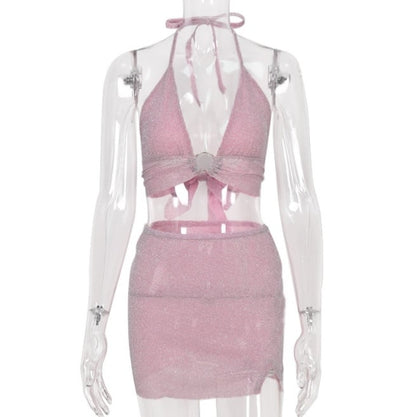 Cute Sexy Glitter Camisole + High Waist Mini Skirt Suit Backless Summer Aesthetic Casual E-Girl Kawaii Korean Japanese Harajuku