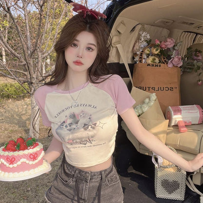 Cat Cartoon Patchwork Print Short Sleeve T-shirt