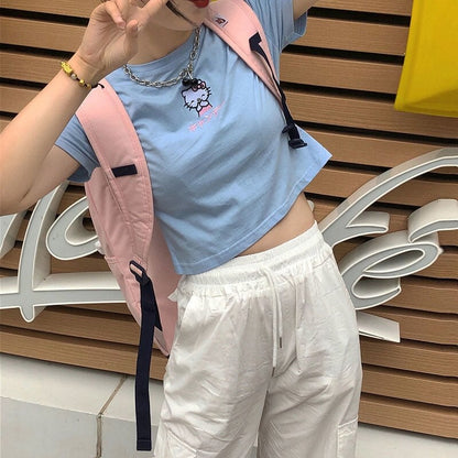 Cute Cat Kitten Embroidery Anime Cartoon Crop Top Short Sleeve Shirt T-shirt Top Summer Casual E-Girl Kawaii Korean Japanese Harajuku Streetwear