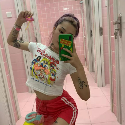 Japanese Anime Cartoon White Crop Top Short Sleeve T-shirt