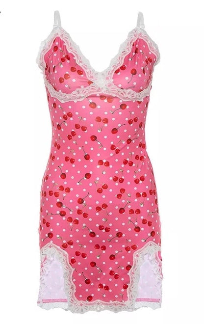 Cute Pink Cherry Lace Up Bodycon Mini Dress Fashion Party Print E-Girl Kawaii Korean Japanese Harajuku Retro Streetwear