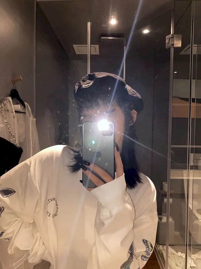 Cute Vintage White Butterfly Print Long Sleeve Shirt Sweatshirt Loose Oversized Autumn Aesthetic E-Girl Kawaii Korean Japanese Harajuku Streetwear