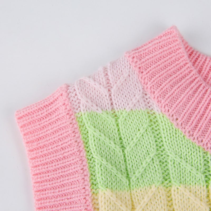 Cute Pink Rainbow Stripe Tie Dye Sleeveless V Neck Knit Vest Sweater Top Pullover Autumn Aesthetic E-Girl Kawaii Korean Japanese Harajuku Streetwear