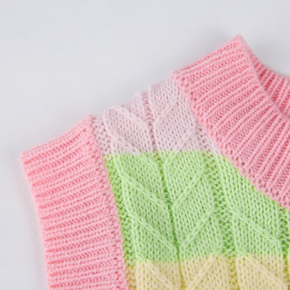 Cute Pink Rainbow Stripe Tie Dye Sleeveless V Neck Knit Vest Sweater Top Pullover Autumn Aesthetic E-Girl Kawaii Korean Japanese Harajuku Streetwear