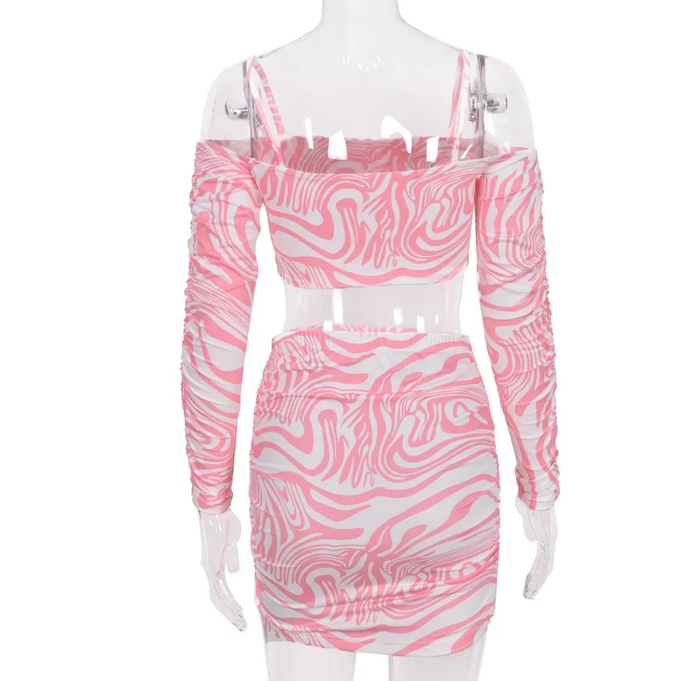 2PCS Pink Off Shoulder Sling Long Sleeve Crop Top + Skirt