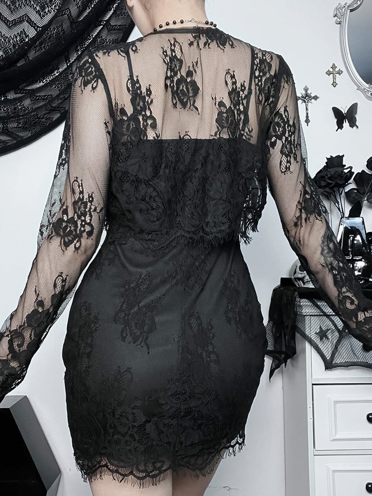 2PCS Lace Trim Bodycon Dress + Cardigan