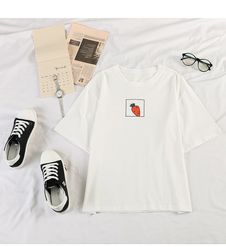 Cute 90s Carrot Print Cartoon vintage Graphic Tee T-shirt Short Sleeve Shirt Top E-Girl Kawaii Korean Japanese Harajuku Retro Streetwear