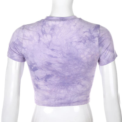 Cute Cat Butterfly Print Purple Sexy Crop Top Tank Short Sleeve Shirt Tee T-shirt Summer Casual E-Girl Kawaii Korean Japanese Harajuku Streetwear