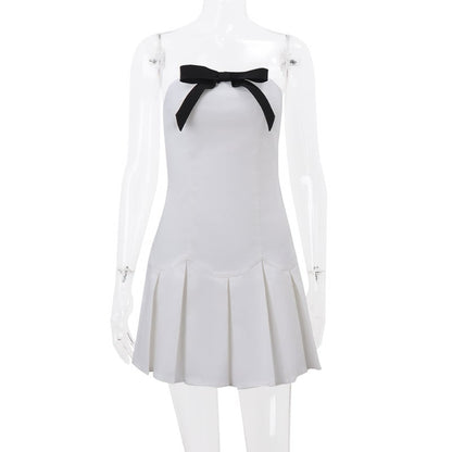 Preppy Bow Patchwork Strapless Mini Dress