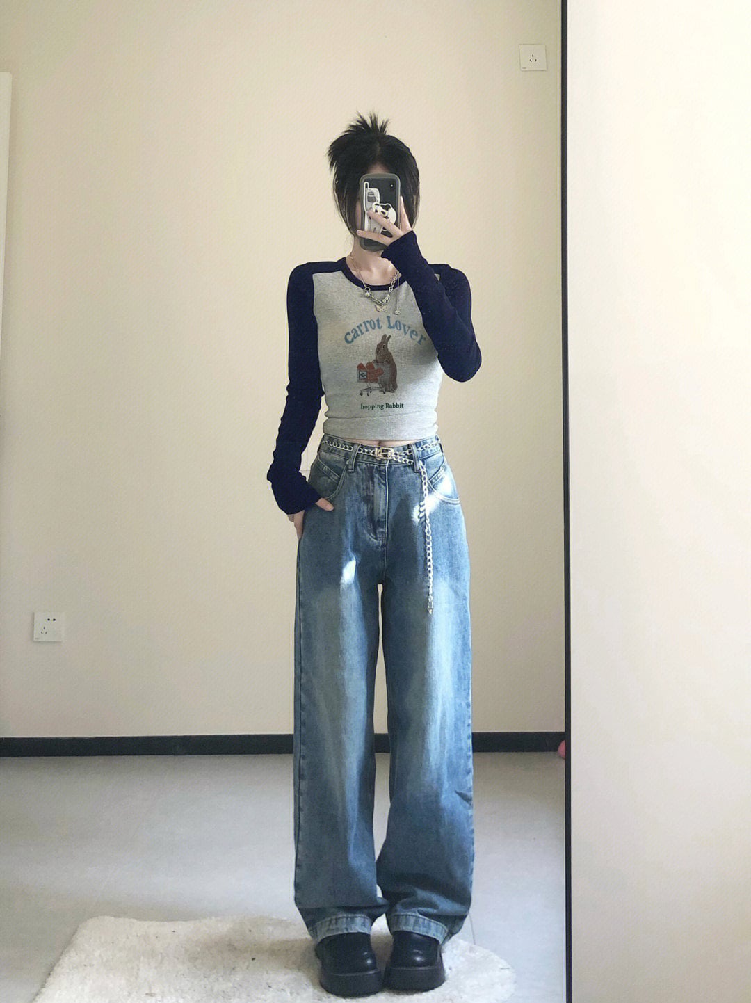 Rabbit Graphic Print Patchwork Long Sleeve Shirt