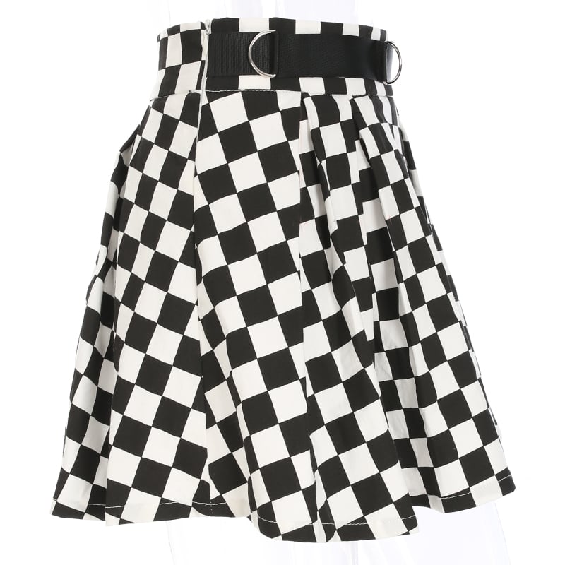 Cute Sexy Checkered Pleated Black White Sash High Waisted Skater Skirt E-Girl Kawaii Korean Japanese Harajuku Streetwear