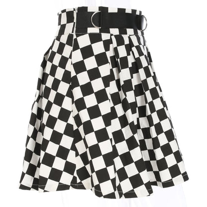 Cute Sexy Checkered Pleated Black White Sash High Waisted Skater Skirt E-Girl Kawaii Korean Japanese Harajuku Streetwear